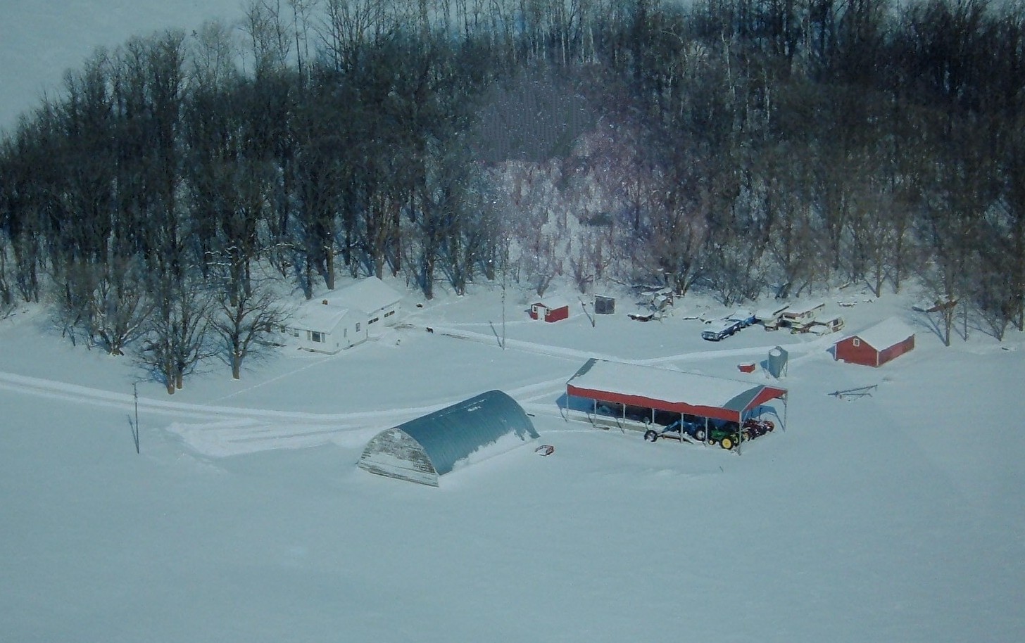 Aerial view of farm in winter